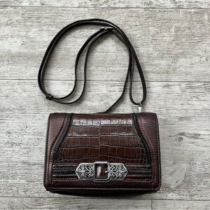 Brighton Brown Croc-Texture Crossbody with Silver-Tone Buckle